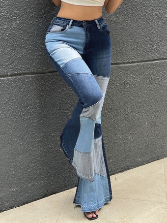 Calça jeans feminina casual geométrica de algodão