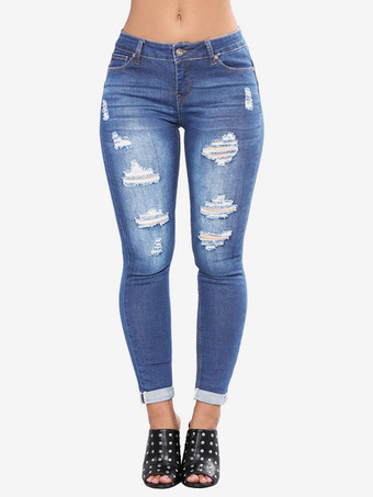 Женские джинсы Современные рваные узкие хлопковые брюки скинни