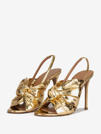 Золотые туфли для выпускного вечера Босоножки на высоком каблуке Металлические туфли из искусственной кожи с открытым носком и завязками на пятке Туфли для вечеринок