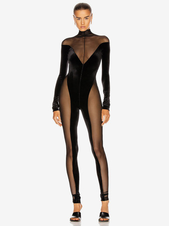 Black High Collar Long Sleeves Jumpsuit Sheer Skinny Summer One Piece Outfit