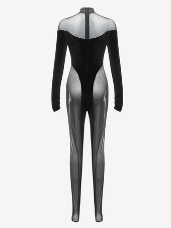 黒のハイカラー長袖ジャンプスーツ 透け感のあるスキニー 夏ワンピース