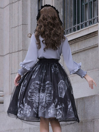 ゴシックロリータ衣装 ブルー フリル 長袖 スカート ブラウス