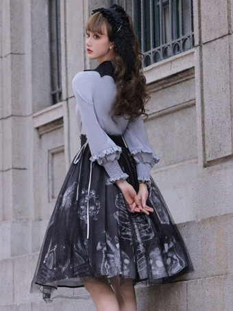 ゴシックロリータ衣装 ブルー フリル 長袖 スカート ブラウス