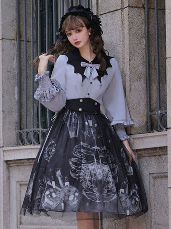 ゴシックロリータ衣装 ブルー フリル 長袖 スカート ブラウス