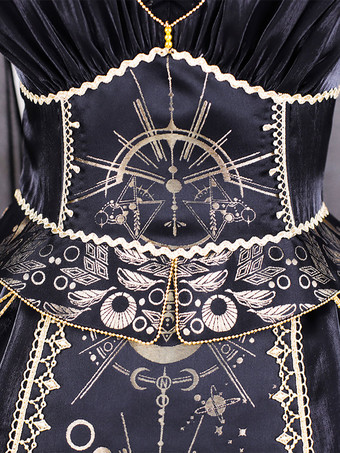 ハロウィン ロリータ衣装 ゴールド パッチワーク 古典的 ノースリーブ ブラック