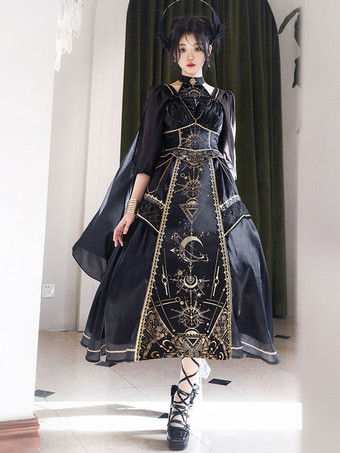 ハロウィン ロリータ衣装 ゴールド パッチワーク 古典的 ノースリーブ ブラック