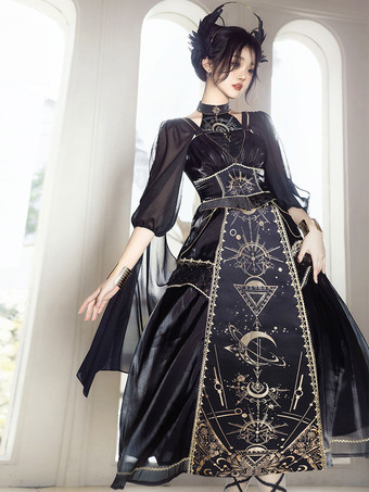ブラックゴールドハロウィン ロリータ衣装 ゴールド パッチワーク 古典的 ノースリーブ ブラック