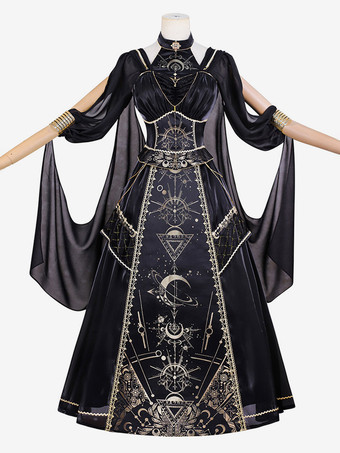 ハロウィン ロリータ衣装 ゴールド パッチワーク 古典的 ノースリーブ ブラック