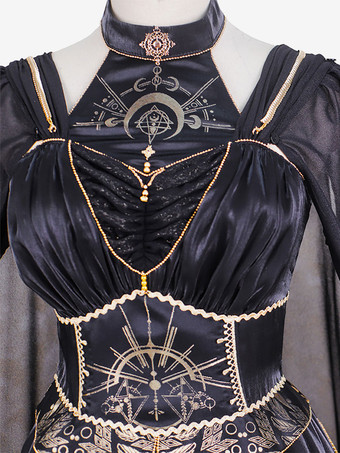 ハロウィン ロリータ衣装 ゴールド パッチワーク 古典的 ノースリーブ ブラック