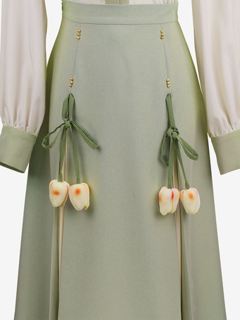 スウィートロリータ衣装 パステルグリーン フリンジ ジャカード 長袖 クリノリン