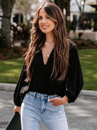 Long Sleeves Tees Khaki V-Neck Women Tee Shirt