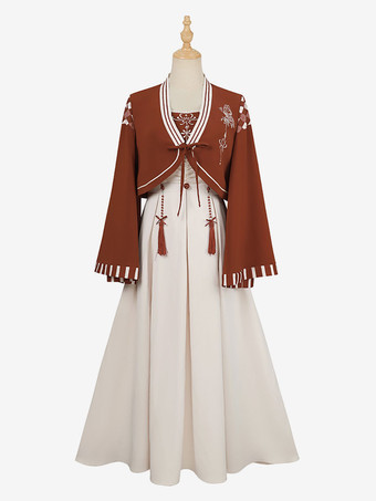 中国風のロリータ衣装エクリュ ホワイト長袖ドレス オーバー コート