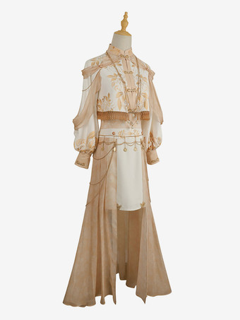 アカデミックロリータ衣装ライトブラウンフローラルプリントロングスリーブトップスカート