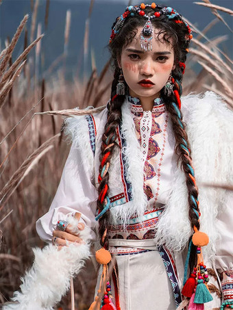 牧歌的なスタイルのロリータ衣装ホワイト ジャカード フリンジ長袖オーバー コート トップ