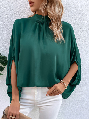 Блузка для женщин  темно-зеленый  с высоким воротником  повседневные топы с короткими рукавами