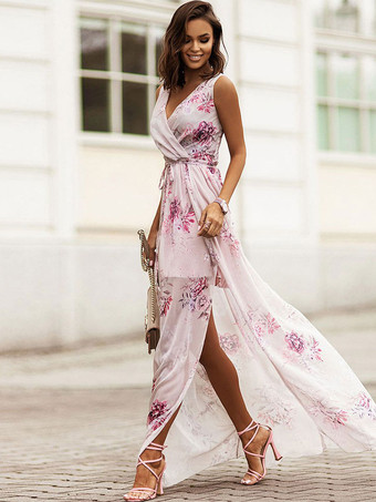 ライトピンクマキシドレス Vネック ノースリーブ シフォン 花柄 ハイスリット フロア丈ドレス