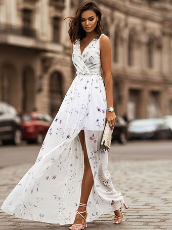 マキシドレス Vネック ノースリーブ シフォン 花柄 ハイスリット フロア丈ドレス