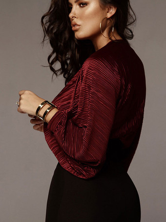 女性のための長袖ボディスーツ グレー プリーツ V ネック セクシーなトップ