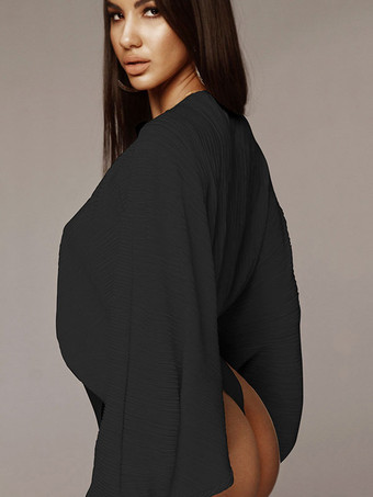 女性のための長袖ボディスーツ グレー プリーツ V ネック セクシーなトップ