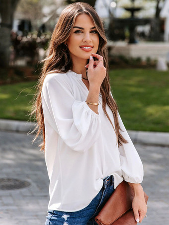 Long Sleeves Tees Khaki V-Neck Women Tee Shirt