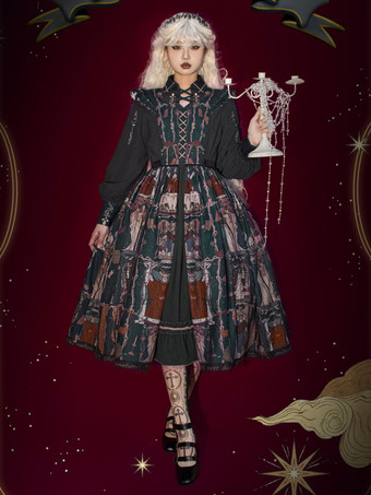 ブラック 甘いロリータ衣装黒パッチワーク長袖ドレス