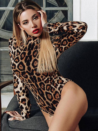 長袖ボディスーツヒョウハイカラーセクシーなヒョウ柄の女性トップ