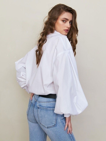 女性用シャツ ホワイト ボタン ターンダウン カラー カジュアル ロングスリーブ トップス