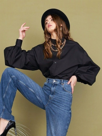 女性用シャツ ホワイト ボタン ターンダウン カラー カジュアル ロングスリーブ トップス