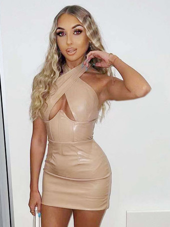 アプリコット女性のためのクラブ ドレス ブラック ホルター ノースリーブ PU レザー オープン ショルダー セクシー ドレス