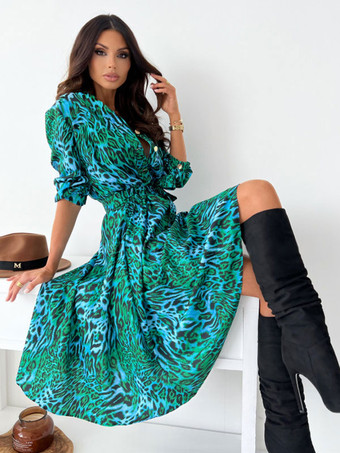 グリーン 花柄プリント カジュアル ロングスリーブ ミディドレス