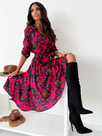 花柄プリント カジュアル ロングスリーブ ミディドレス