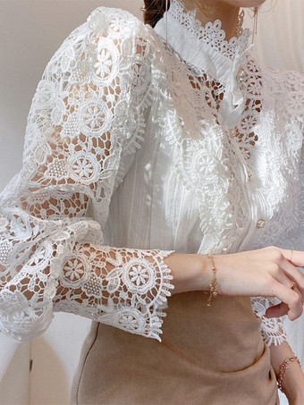 ホワイト レディースブラウス ピンク レース カットアウト ハイカラー カジュアル 長袖 レース トップス