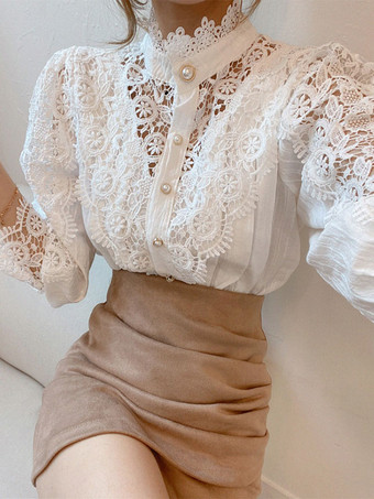 レディースブラウス ピンク レース カットアウト ハイカラー カジュアル 長袖 レース トップス