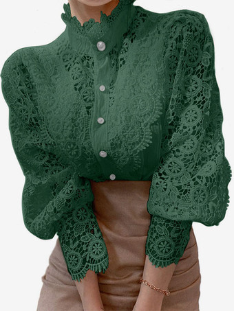 ダークグリーンレディースブラウス ピンク レース カットアウト ハイカラー カジュアル 長袖 レース トップス