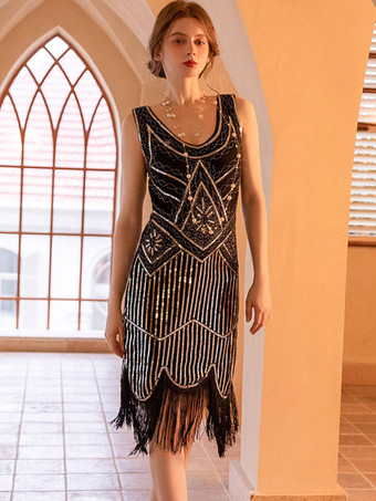 ブラックゴールドパーティードレス Vネック フリンジ ノースリーブ 幾何学模様 プロム ミディドレス
