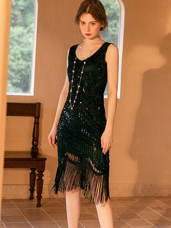 パーティードレス Vネック フリンジ ノースリーブ 幾何学模様 プロム ミディドレス