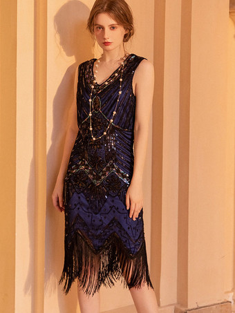 Blu scuro Abiti da festa Abito corto geometrico senza maniche con paillettes oro nero con scollo a V