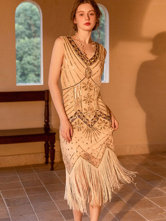 Champagne Abiti da festa Abito corto geometrico senza maniche con paillettes oro nero con scollo a V