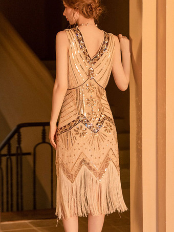 Abiti da festa Abito corto geometrico senza maniche con paillettes oro nero con scollo a V