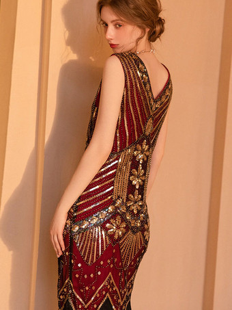 Abiti da festa Abito corto geometrico senza maniche con paillettes oro nero con scollo a V