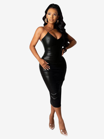 ブラック ボディコンドレス ブラック ストラップネック スプリットフロント セクシー ノースリーブ ペンシルドレス