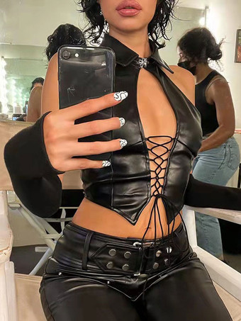 クラブウェア トップス セクシー レースアップ ノースリーブ オープンショルダー PUレザー トップス