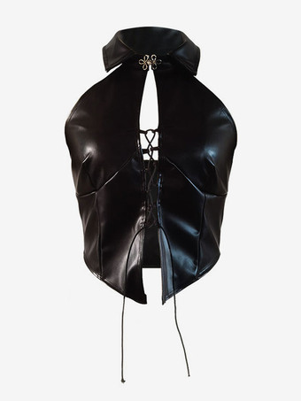 クラブウェア トップス セクシー レースアップ ノースリーブ オープンショルダー PUレザー トップス