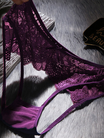 クロッチレス 女性のセクシーなパンティー パープル 1 ピース レース下着弓ランジェリー