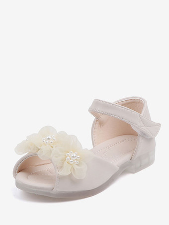 Chaussures de demoiselle d'honneur en cuir PU blanc écru avec perles pour enfants