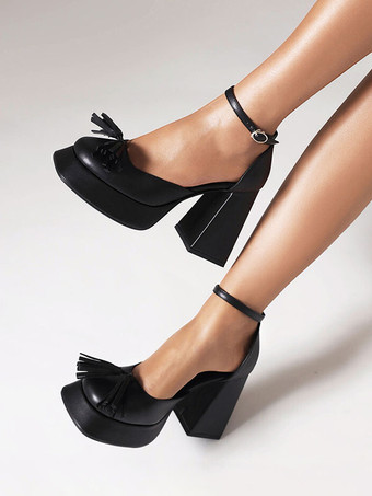 女性用 ブロック ヒール ゴールド メタリック ラウンドトゥ リボン アンレ ストラップ パンプス