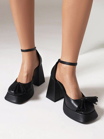 女性用 ブロック ヒール ゴールド メタリック ラウンドトゥ リボン アンレ ストラップ パンプス