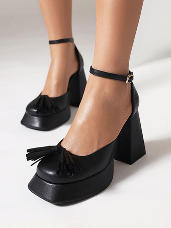 ブラック 女性用 ブロック ヒール ゴールド メタリック ラウンドトゥ リボン アンレ ストラップ パンプス