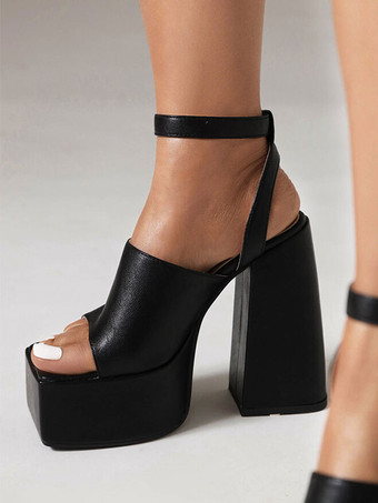 レディース ヒールサンダル スクエアトゥ チャンキーヒール フェイクレザーサンダル