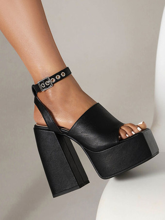 レディース ヒールサンダル スクエアトゥ チャンキーヒール フェイクレザーサンダル